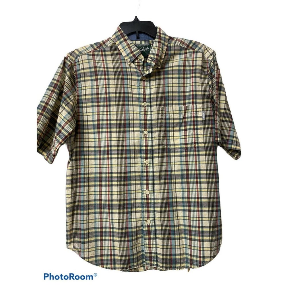 Woolrich Rugged Outdoor Mens Plaid Shirt Button Up S/s Cotton Blue Green M